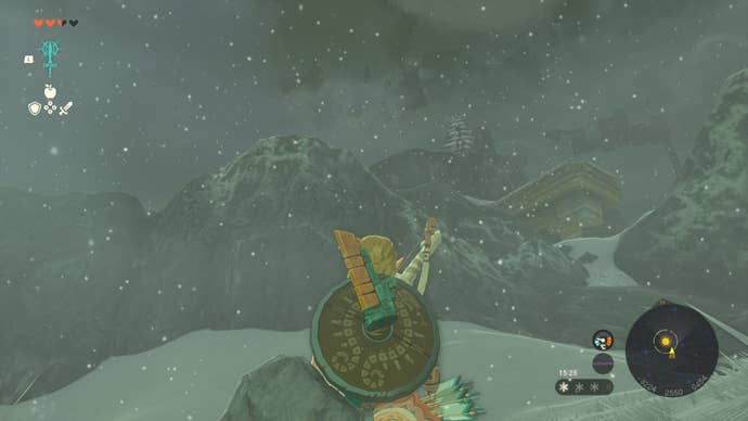 Link looks toward a lone cedar tree by Rito Village in The Legend of Zelda: Tears of the Kingdom