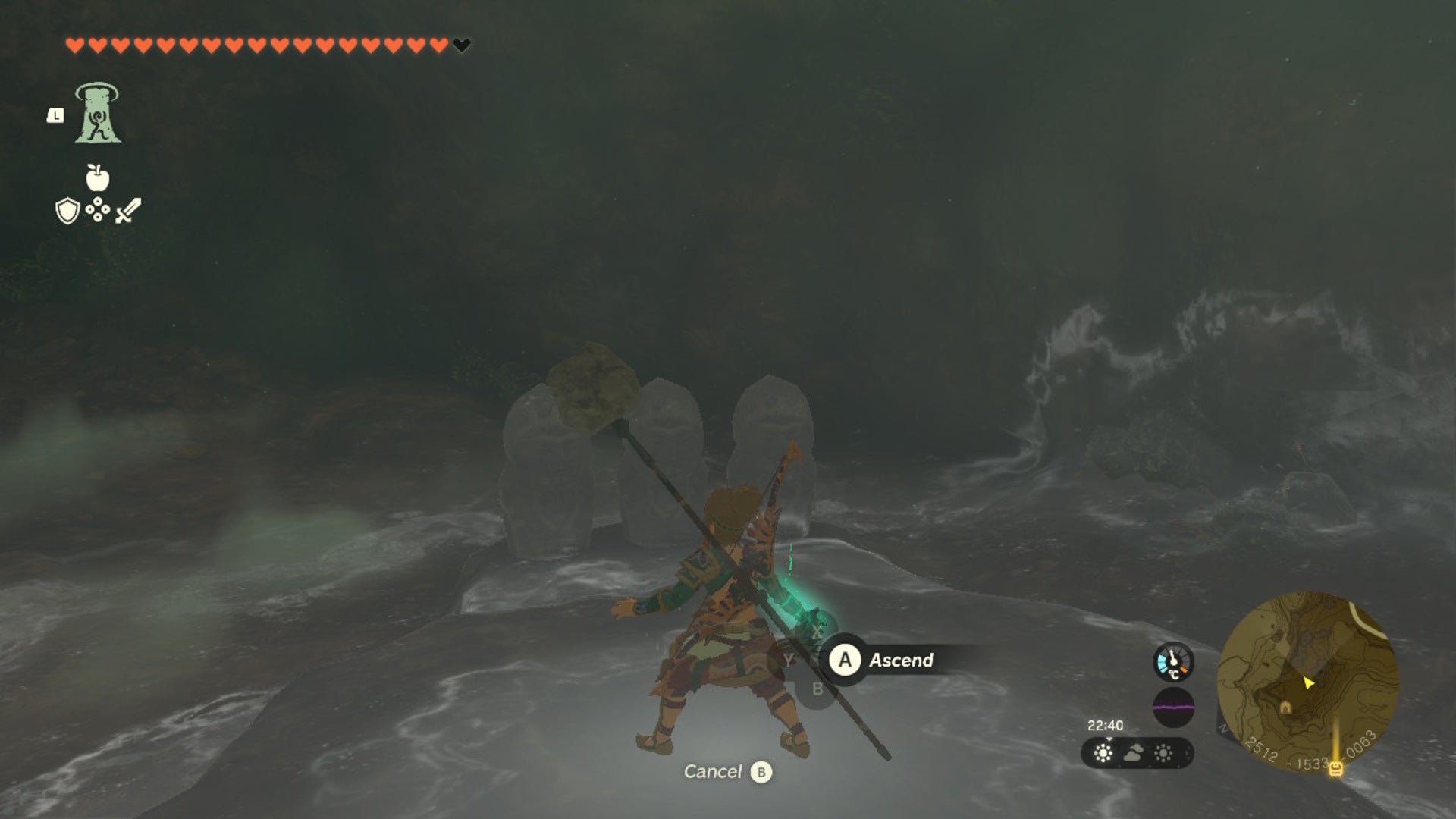 Link uses Ascend in front of some statues in a cave in The Legend of Zelda: Tears of the Kingdom