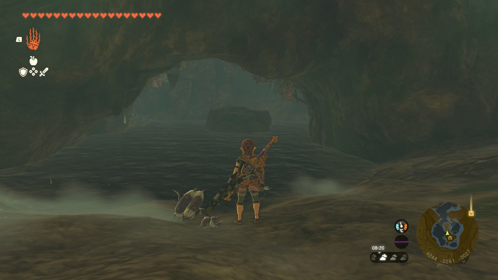 Link looks toward a stone platform in the water in a cave in The Legend of Zelda: Tears of the Kingdom - 13