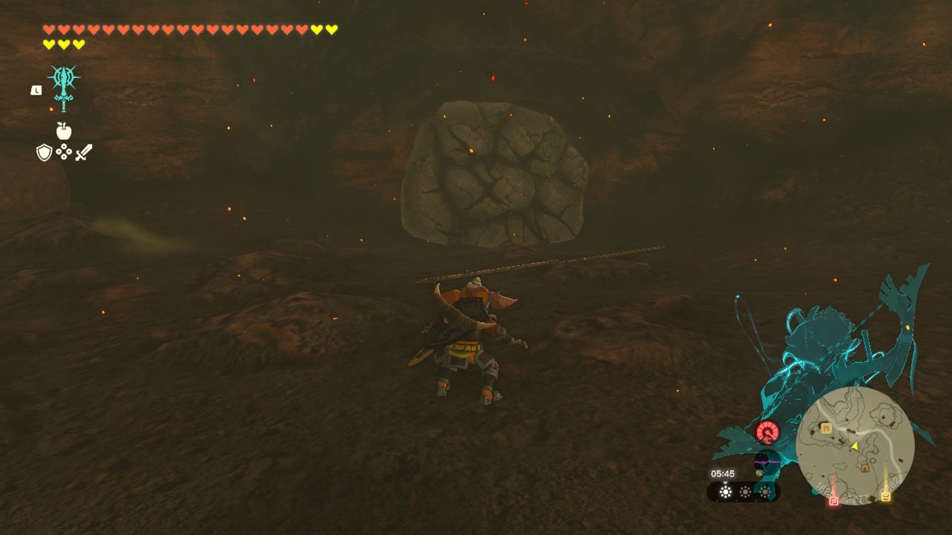 Link faces a breakable rock in a cave in The Legend of Zelda: Tears of the Kingdom