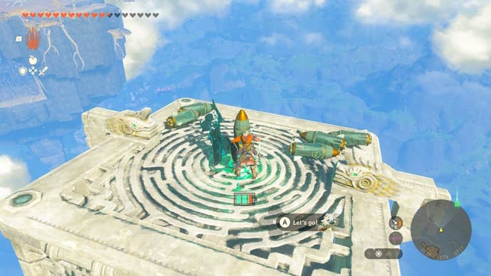 Link stands atop a floating platform with rockets attached to it in Zelda: Tears of the Kingdom