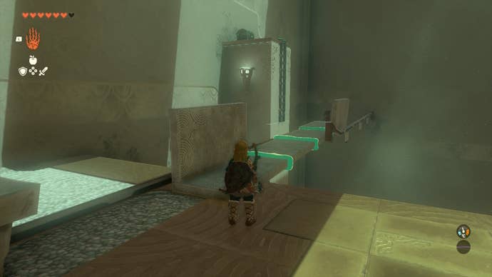 Link builds a bridge to a chest in the Runakit Shrine in The Legend of Zelda: Tears of the Kingdom