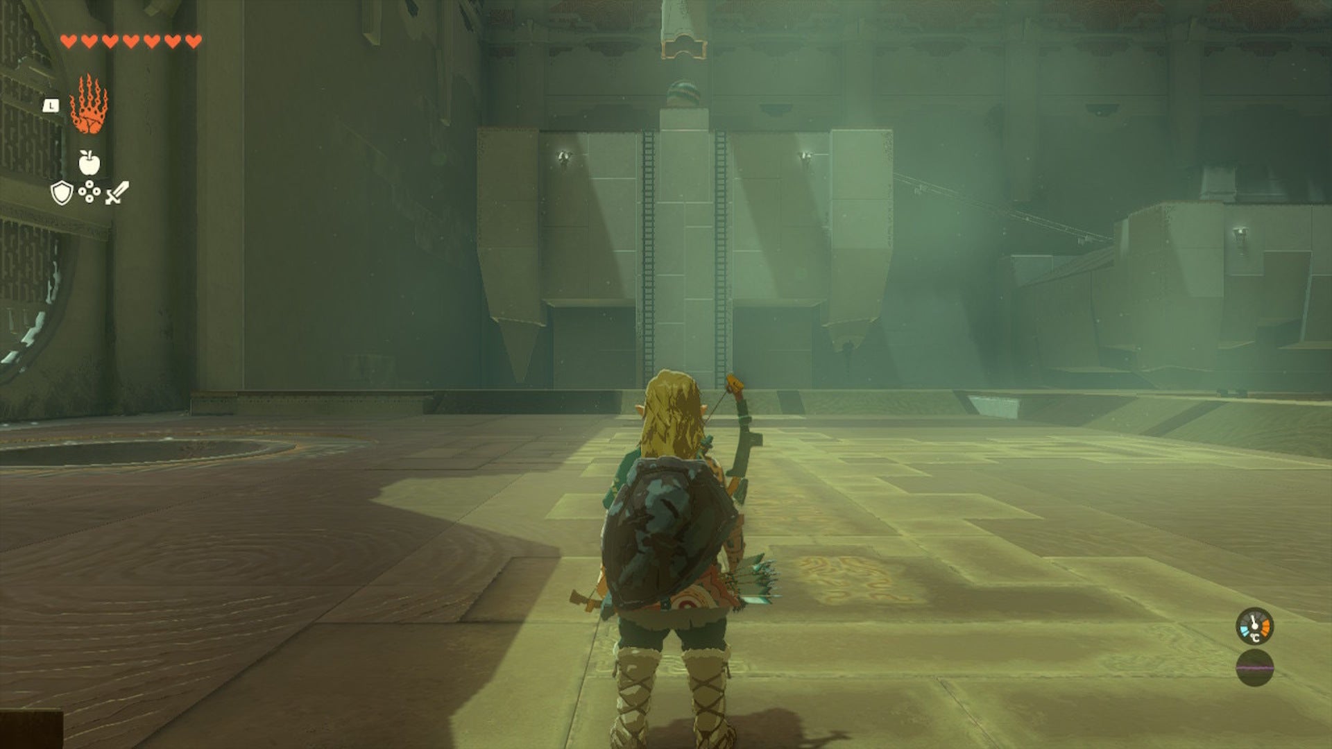 Link faces some distant ladders in the Runakit Shrine in The Legend of Zelda: Tears of the Kingdom