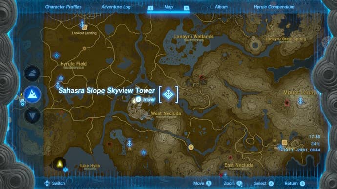 A map of Sahasra Slope Skyview Tower's location in Zelda: Tears of the Kingdom