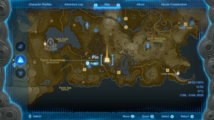 A map showing the location of Sarjon Cave in The Legend of Zelda: Tears of the Kingdom