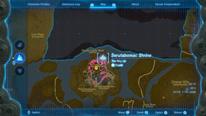 A map showing the Serutabomac Shrine's location in The Legend of Zelda: Tears of the Kingdom