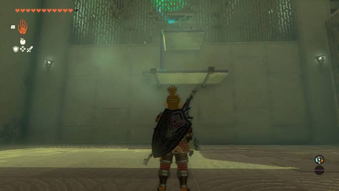 Link looks up at an arch built using Ultrahand in The Legend of Zelda: Tears of the Kingdom