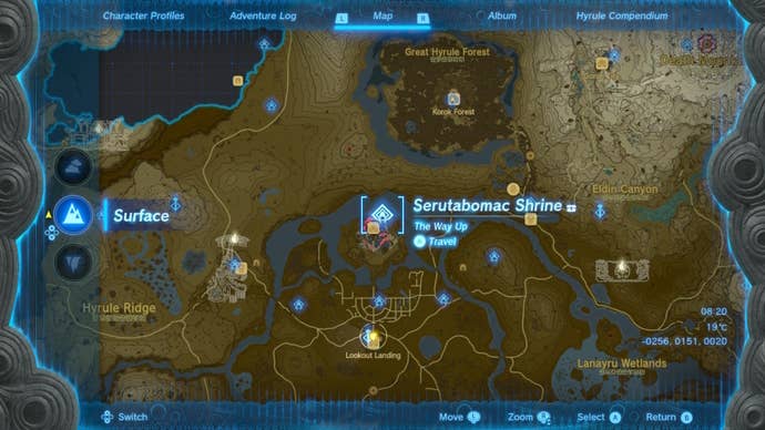 A map showing the location of Serutabomac Shrine in The Legend of Zelda: Tears of the Kingdom