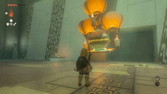 Link uses a platform and three hot air balloons to send a large ball upwards in the  Sinakawak Shrine in The Legend of Zelda: Tears of the Kingdom
