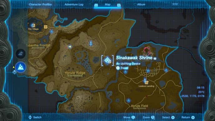 A map of the Sinakawak Shrine in The Legend of Zelda: Tears of the Kingdom