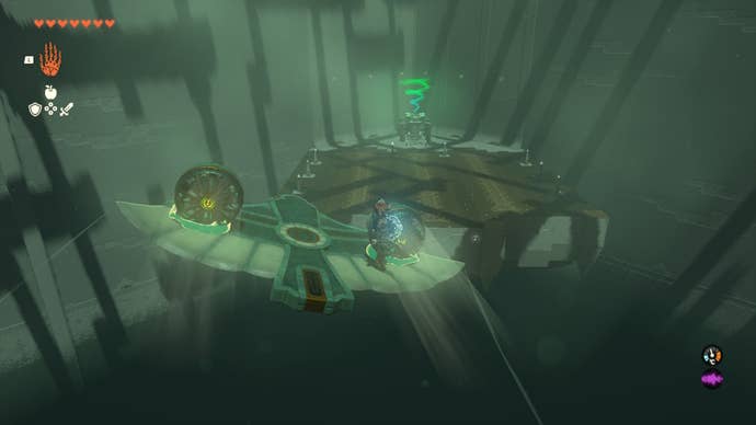 Link uses a glider to reach the exit of the Sitsum Shrine in The Legend of Zelda: Tears of the Kingdom