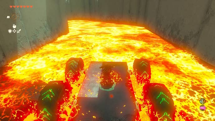 Link steers a vehicle through lava in the Sitsum Shrine in The Legend of Zelda: Tears of the Kingdom