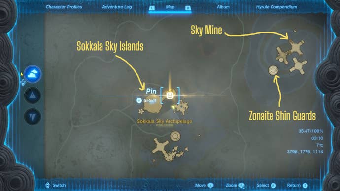 A labelled map of the Sky Mine and Sokkala Sky Islands in Zelda: Tears of the Kingdom
