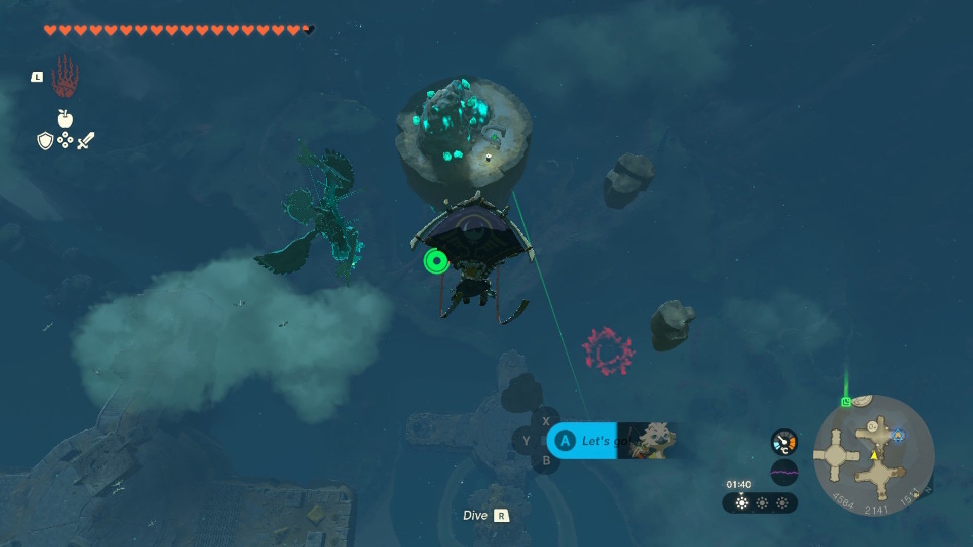 Link glides towards a small island covered in Luminous Stone in Zelda: Tears of the Kingdom