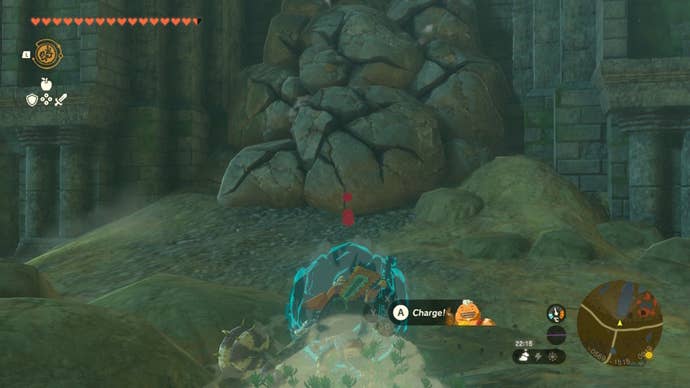 Link aims Yunobo at some breakable rocks in The Legend of Zelda: Tears of the Kingdom
