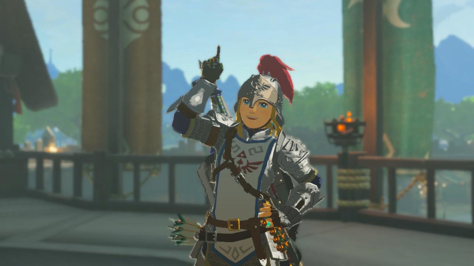 Link is wearing the Soldier's armor set while stood at Lookout Landing in The Legend of Zelda: Tears of the Kingdom - 1