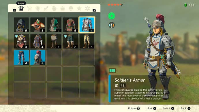 Zelda: Tears of the Kingdom in-game menu showing different Armor that can be equipped including the Soldier’s Armor.
