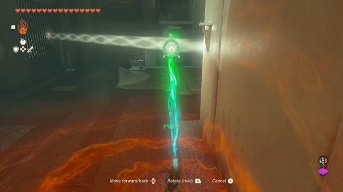 Link uses Ultrahand to position a mirror so light reflects on a target in The Legend of Zelda: Tears of the Kingdom