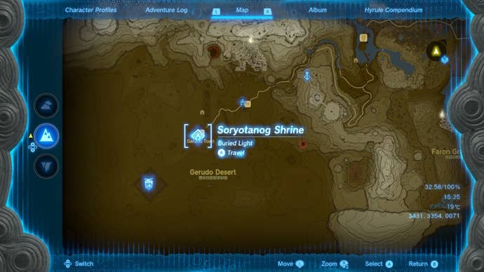 A map of the location of Soryotanog Shrine in The Legend of Zelda: Tears of the Kingdom