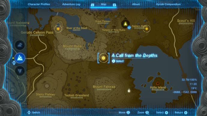 A map of the Great Plateau South Chasm in The Legend of Zelda: Tears of the Kingdom