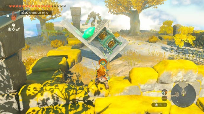 Link faces a platform made of spring Zonai devices in Zelda: Tears of the Kingdom
