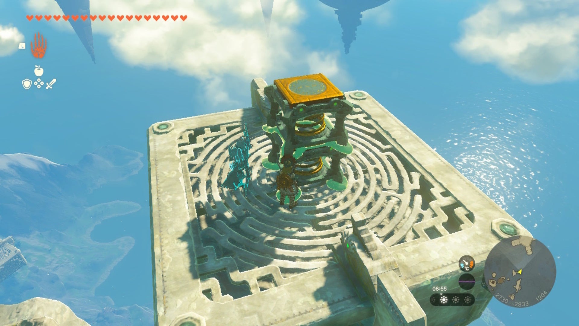 Link stands atop a floating platform with a spring on it in Zelda: Tears of the Kingdom - 5