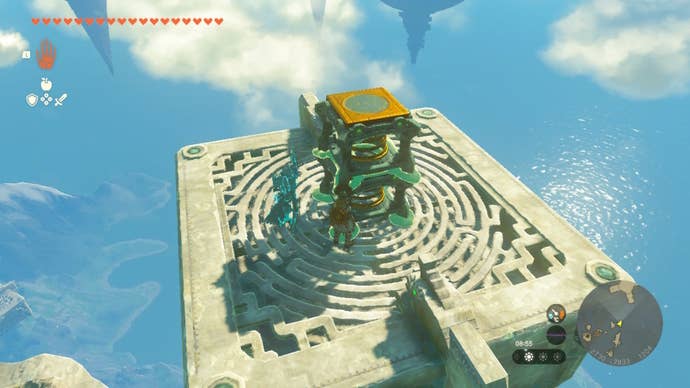 Link stands atop a floating platform with a spring on it in Zelda: Tears of the Kingdom