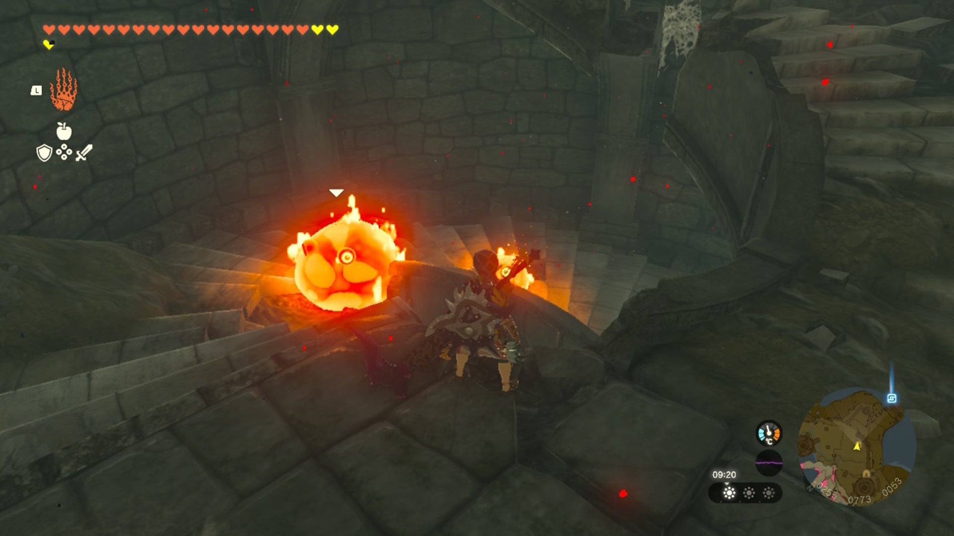Link stands in a stairwell with Fire Chu Chu on it in The Legend of Zelda: Tears of the Kingdom - 6