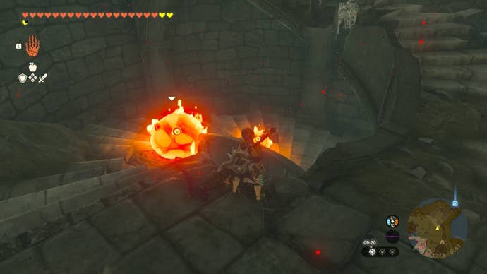 Link stands in a stairwell with Fire Chu Chu on it in The Legend of Zelda: Tears of the Kingdom
