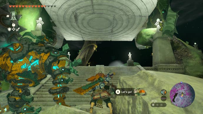 Link looks at a stone platform he can Ascend up in The Legend of Zelda: Tears of the Kingdom