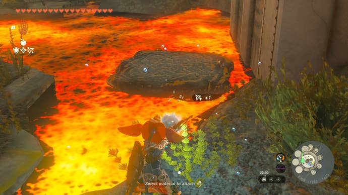 Link faces a stone slab in some lava in Zelda: Tears of the Kingdom