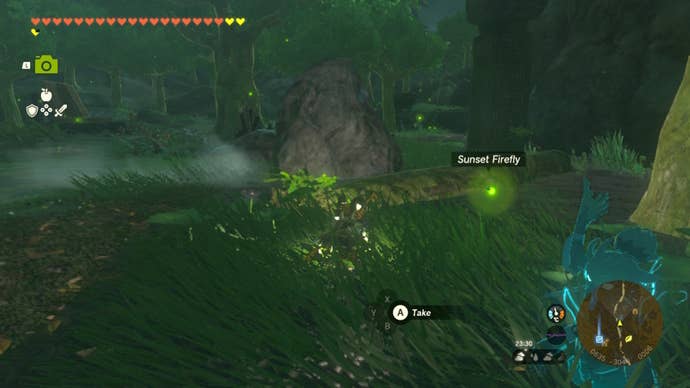 Link catches a Sunset Firefly in Pagos Woods in The Legend of Zelda: Tears of the Kingdom