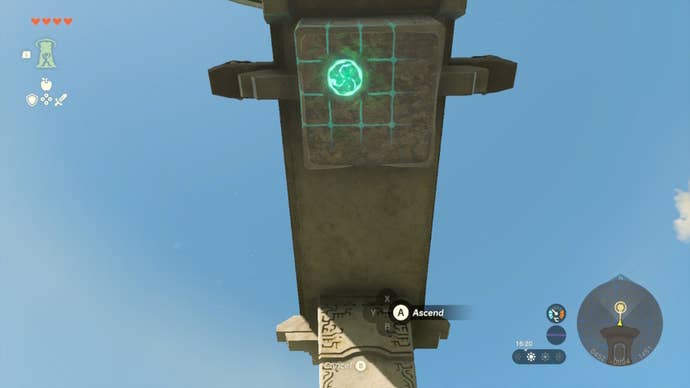 Link uses Ascend on a platform outside the Temple of Time in The Legend of Zelda: Tears of the Kingdom