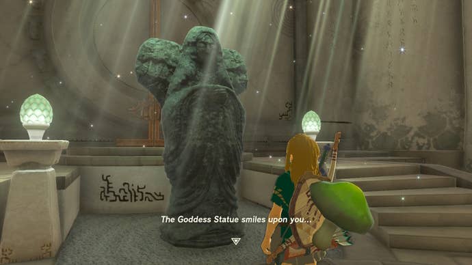 Link prays to the Goddess Statue in the Temple of Time in The Legend of Zelda: Tears of the Kingdom