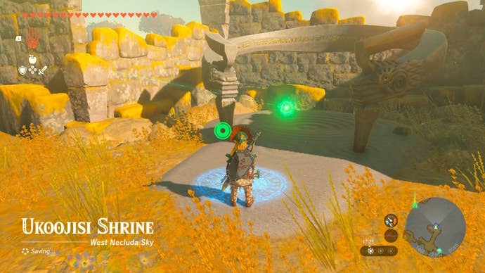 Link faces the terminal in front of the Ukoojisi Shrine in Zelda: Tears of the Kingdom