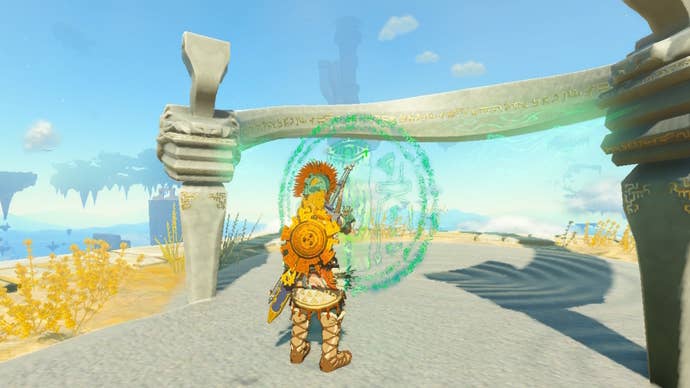 Link interacts with the Kumamayn Shrine terminal in Zelda: Tears of the Kingdom