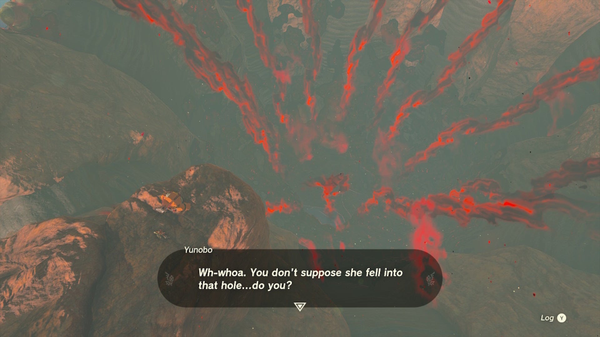 Link and Yunobo look down into The Depths from the top of Death Mountain in The Legend of Zelda: Tears of the Kingdom - 6