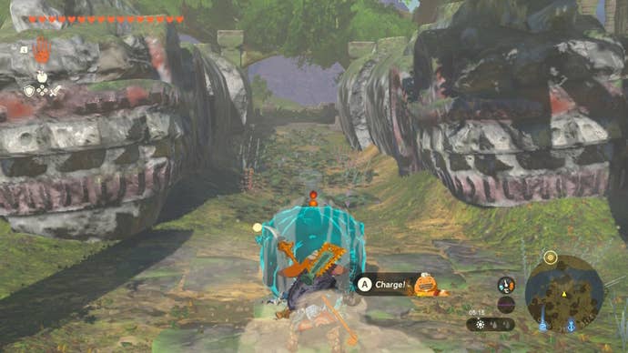 Link aims Yunobo between two dragons in The Legend of Zelda: Tears of the Kingdom