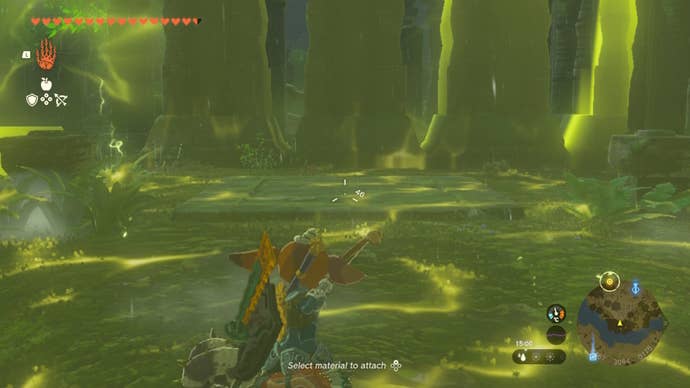 Link aim's Riju's ability of lighting at a stone platform in The Legend of Zelda: Tears of the Kingdom