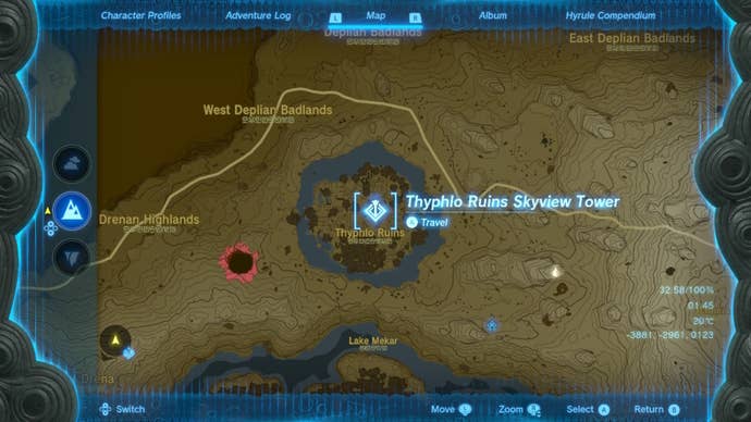 A map of the locationg of Typhlo Ruins in The Legend of Zelda: Tears of the Kingdom