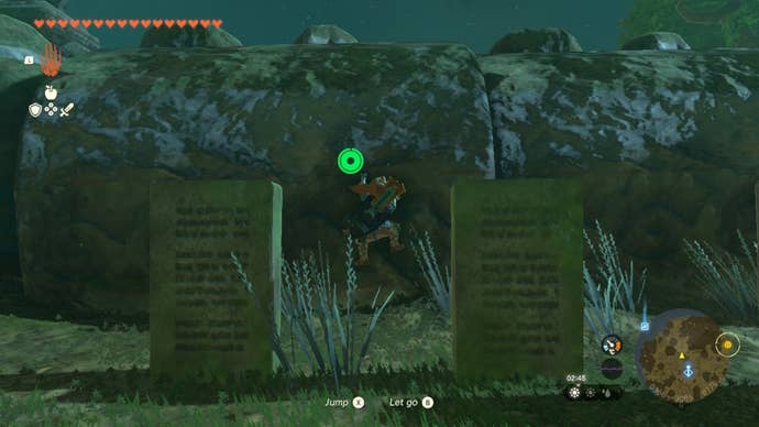 Link climbs a wall behind some tablets in The Legend of Zelda: Tears of the Kingdom