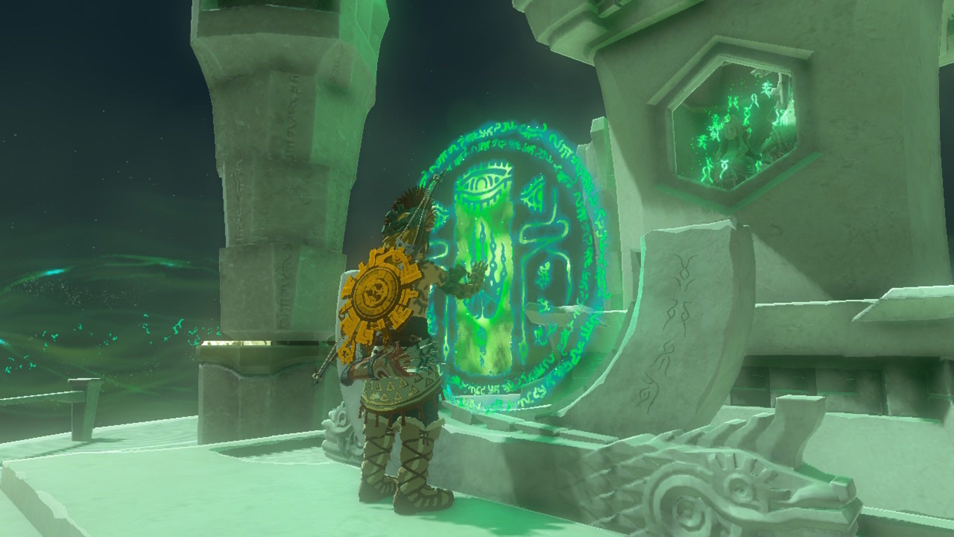 Link interacts with the terminal inside of the Ukoojisi Shrine in Zelda: Tears of the Kingdom - 1