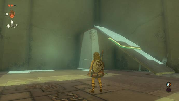 Link looks toward a chest in the Ukouh Shrine, having positioned a ramp in front of it using the Ultrahand ability in The Legend of Zelda: Tears of the Kingdom