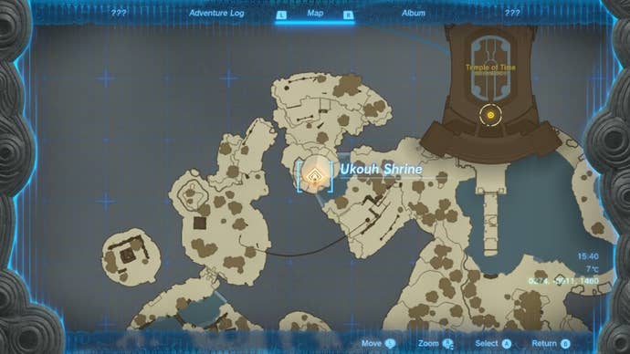 The location of the Ukouh Shrine, marked on the Great Sky Island map in  The Legend of Zelda: Tears of the Kingdom