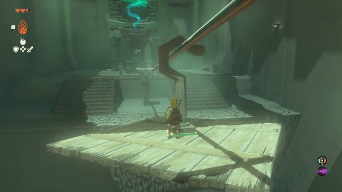 Link rides a platform in the Ukouh Shrine of The Legend of Zelda: Tears of the Kingdom