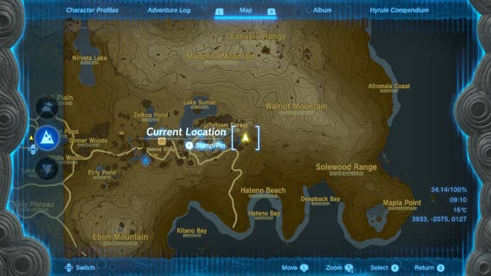 A map of the location of Walnot Mountain Cave in The Legend of Zelda: Tears of the Kingdom