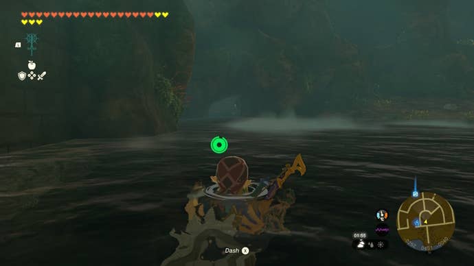 Link swims toward a distant opening in a cave in The Legend of Zelda: Tears of the Kingdom