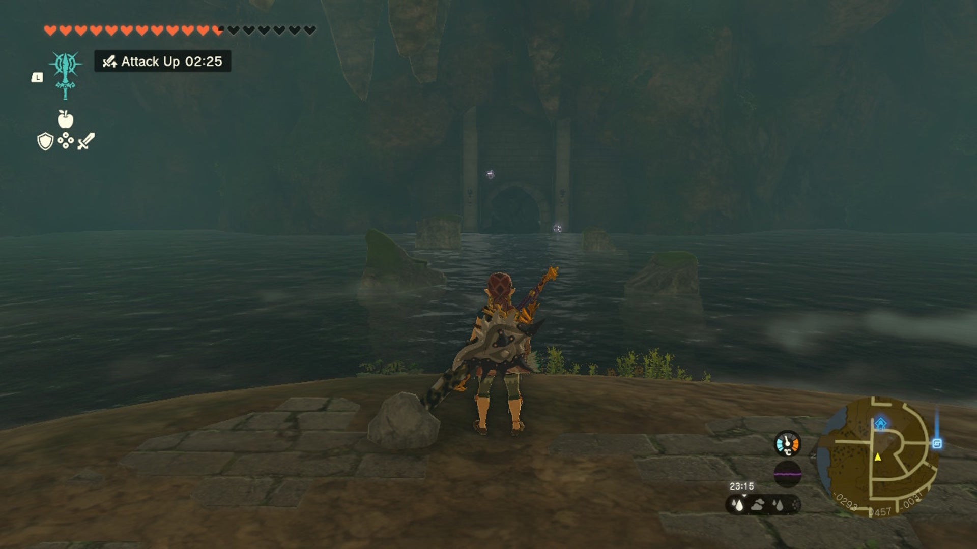 Link looks toward a blocked passage in some water in The Legend of Zelda: Tears of the Kingdom