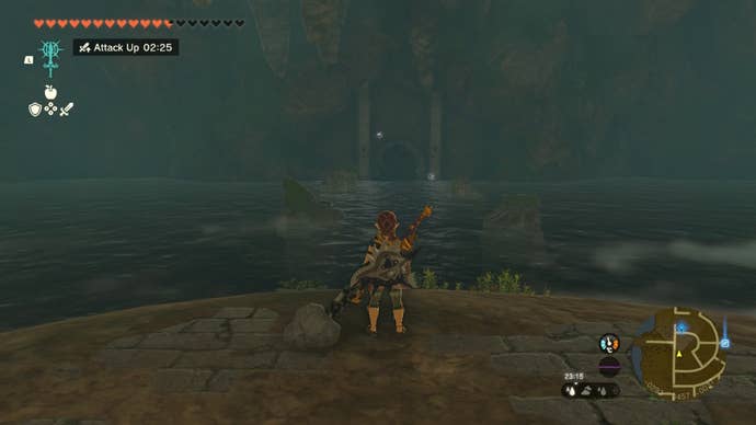 Link looks toward a blocked passage in some water in The Legend of Zelda: Tears of the Kingdom