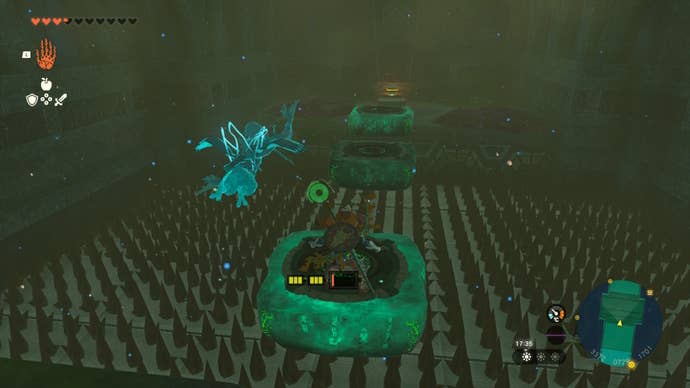 Link jumps across a spike pit using hover tablets in The Legend of Zelda: Tears of the Kingdom